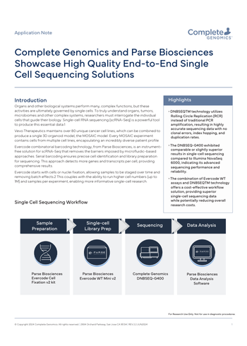 Complete Genomics and Parse Biosciences Showcase High Quality End-to-End Single Cell Sequencing Solutions