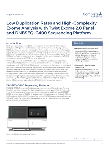 Low Duplication Rates and High-Complexity Exome Analysis with Twist Exome 2.0 Panel and DNBSEQ-G400 Sequencing Platform