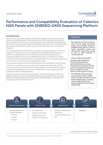 Performance and Compatibility Evaluation of Celemics NGS Panels with DNBSEQ-G400 Sequencing Platform