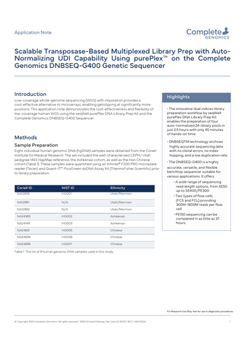 Scalable Transposase-Based Multiplexed Library Prep with Auto-Normalizing UDI Capability Using purePlex™ on the Complete Genomics DNBSEQ-G400 Genetic Sequencer